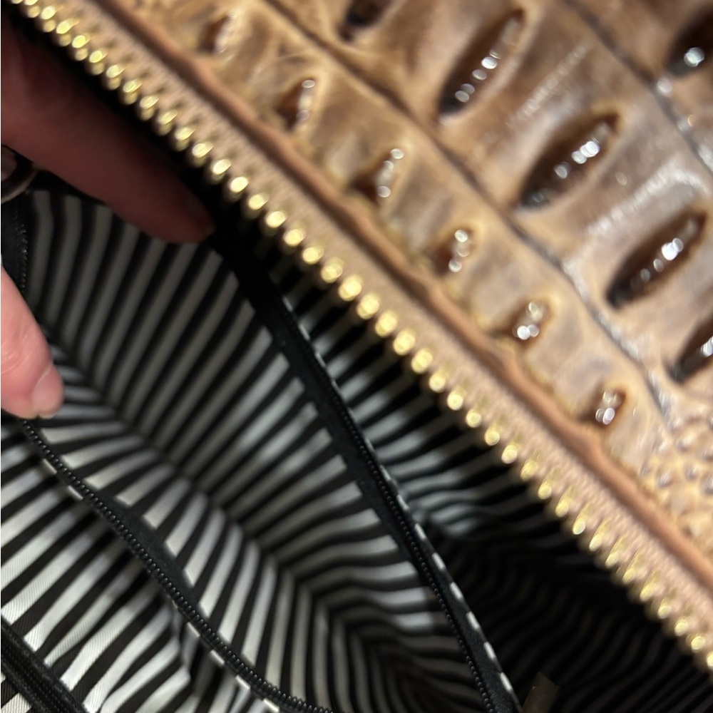 Round Croc-Embossed Crossbody Bag | Brown Ostrich Texture | Top Handle & Strap - Picture 6 of 9